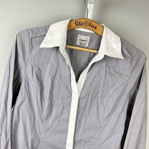 Express‎ The Essential Shirt Womens M Gray White Button Up Long Sleeve Fitted